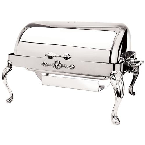 Eastern Tabletop Mfg. Eastern Tabletop Queen Anne Rectangular Rolltop Chafer - 8 Qt. - Stainless Steel w/Brass Accents