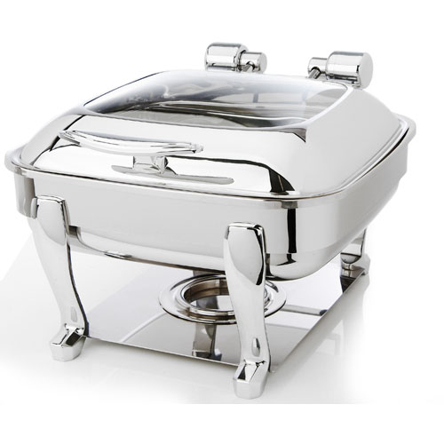 Eastern Tabletop Mfg. Eastern Tabletop Square Induction Chafer, w/ Glass Dome Cover & Stand - 6 Qt. - Stainless Steel