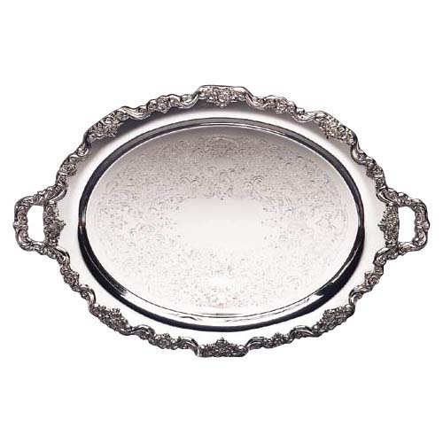 Eastern Tabletop Mfg. Eastern Tabletop 4365 Silverplate Oval Tray, Floral Detail Applied Border with Leg - 30