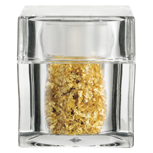 unknown Edible Gold Leaf Flakes in Clear Acrylic Cube Shaker. 100mg.