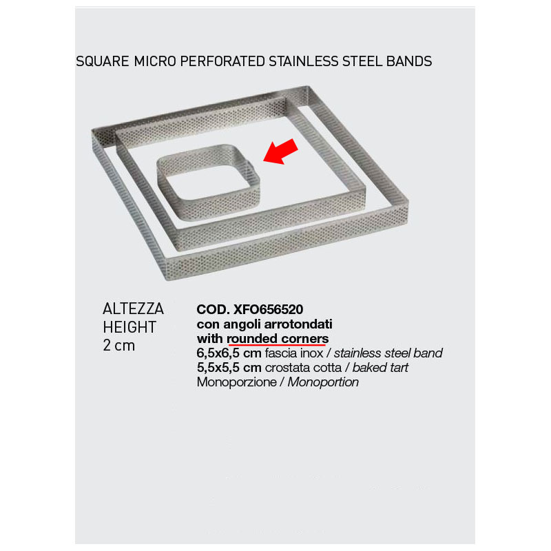 Pavoni "Progetto Crostate" Perforated Stainless Rounded Square Tart Ring, 8.5cm x 2cm High (3-7/8" x 3/4" H)  image 1