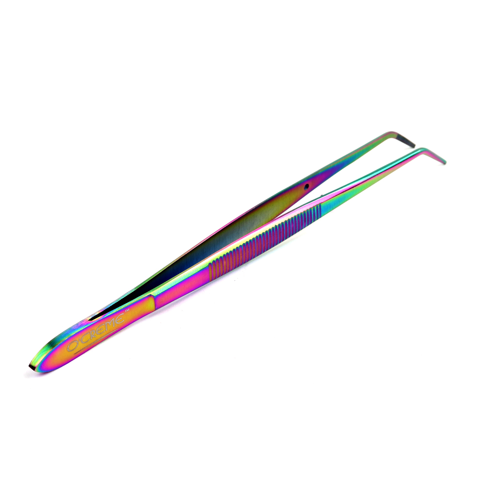 O'Creme Stainless Steel Oil Slick Curved Fine Tip Tweezers, 6.25"  image 1