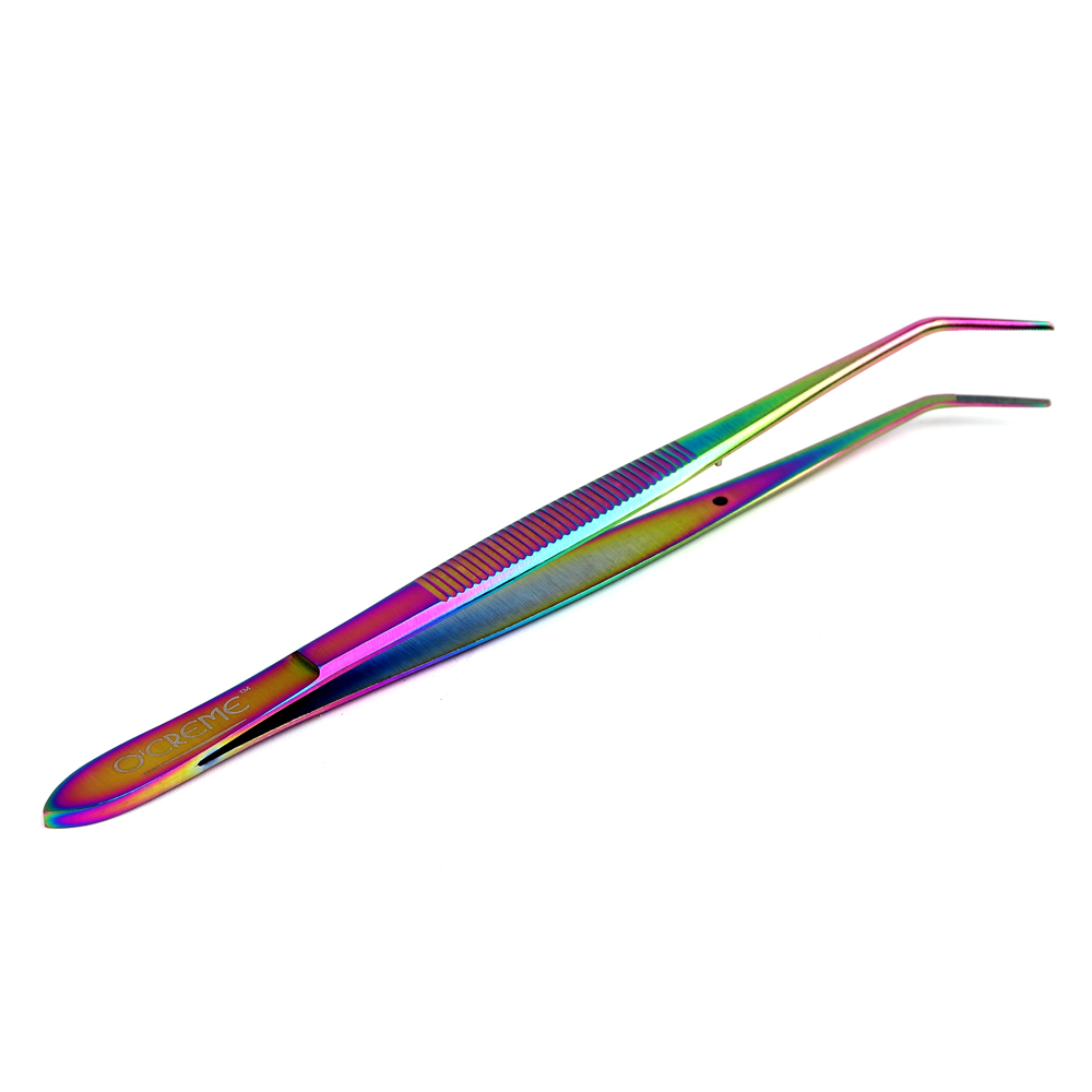 O'Creme Stainless Steel Oil Slick Curved Fine Tip Tweezers, 6.25"  image 2