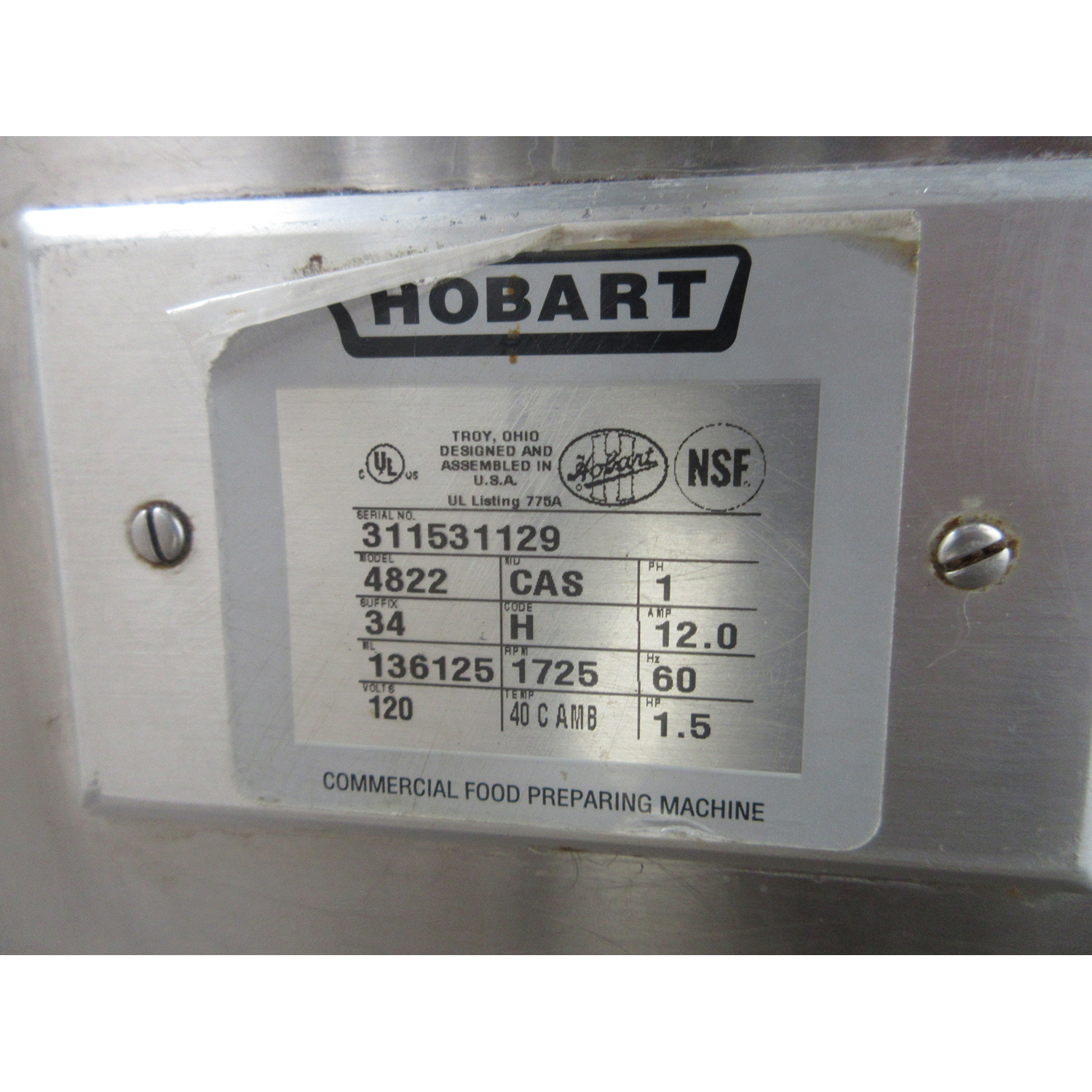 Hobart 4822 Meat Grinder 1.5 HP 120V / 1PH, Used Excellent Condition image 3
