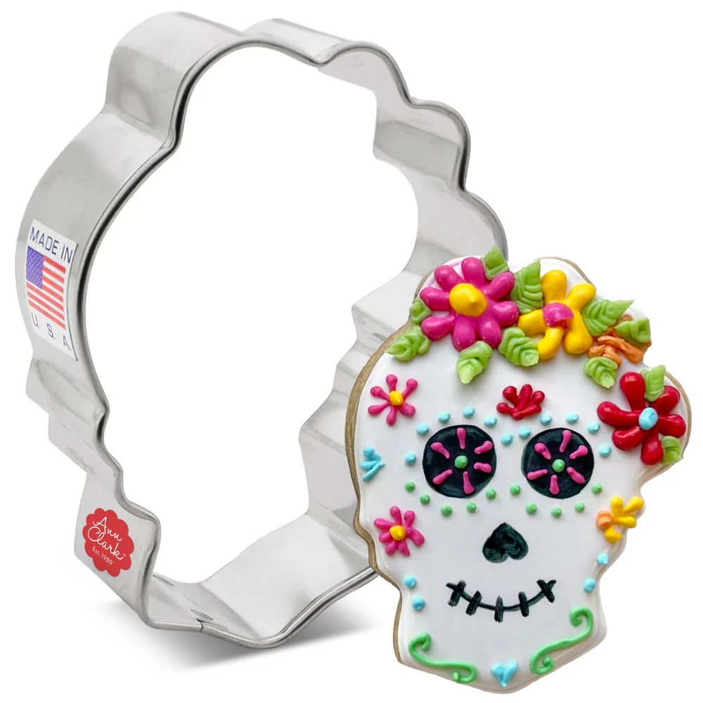 Ann Clark Day of the Dead Skull with Flowers Cookie Cutter, 2.45" x 3.2" image 1