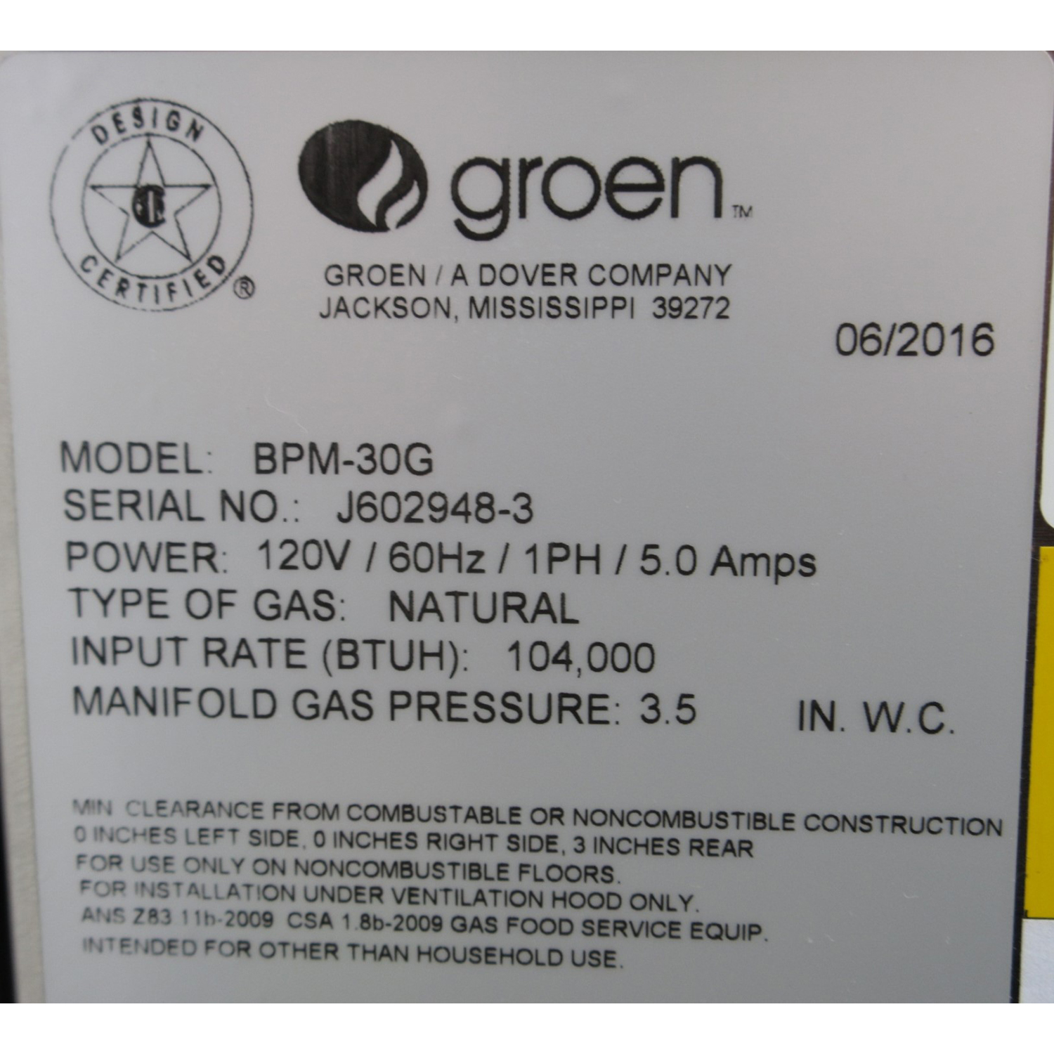 Groen BPM-30 Tilting Skillet 30 Gallon Gas, Brand New image 5