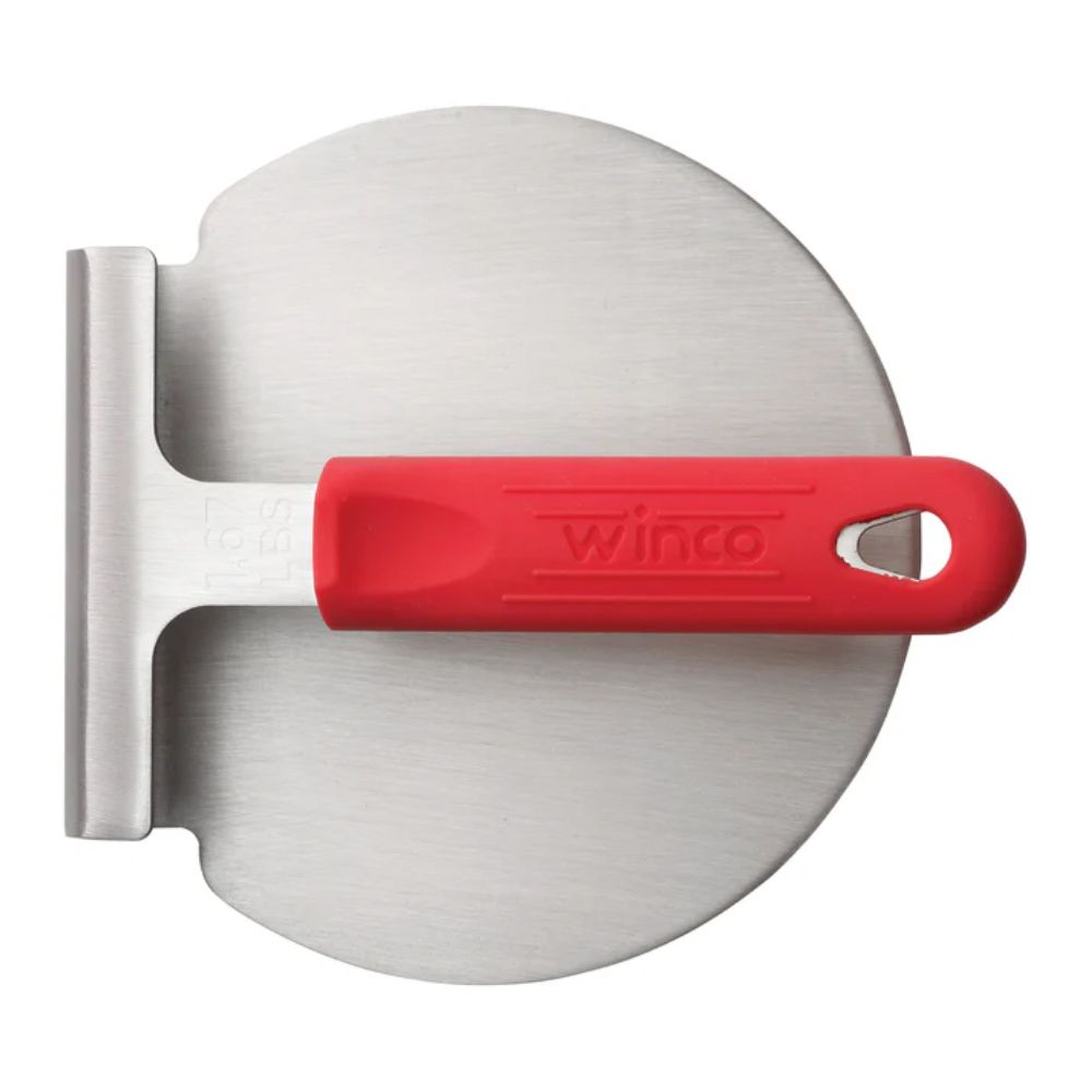 Winco Stainless Steel Smashed Burger Press with Red Silicone Sleeve image 1