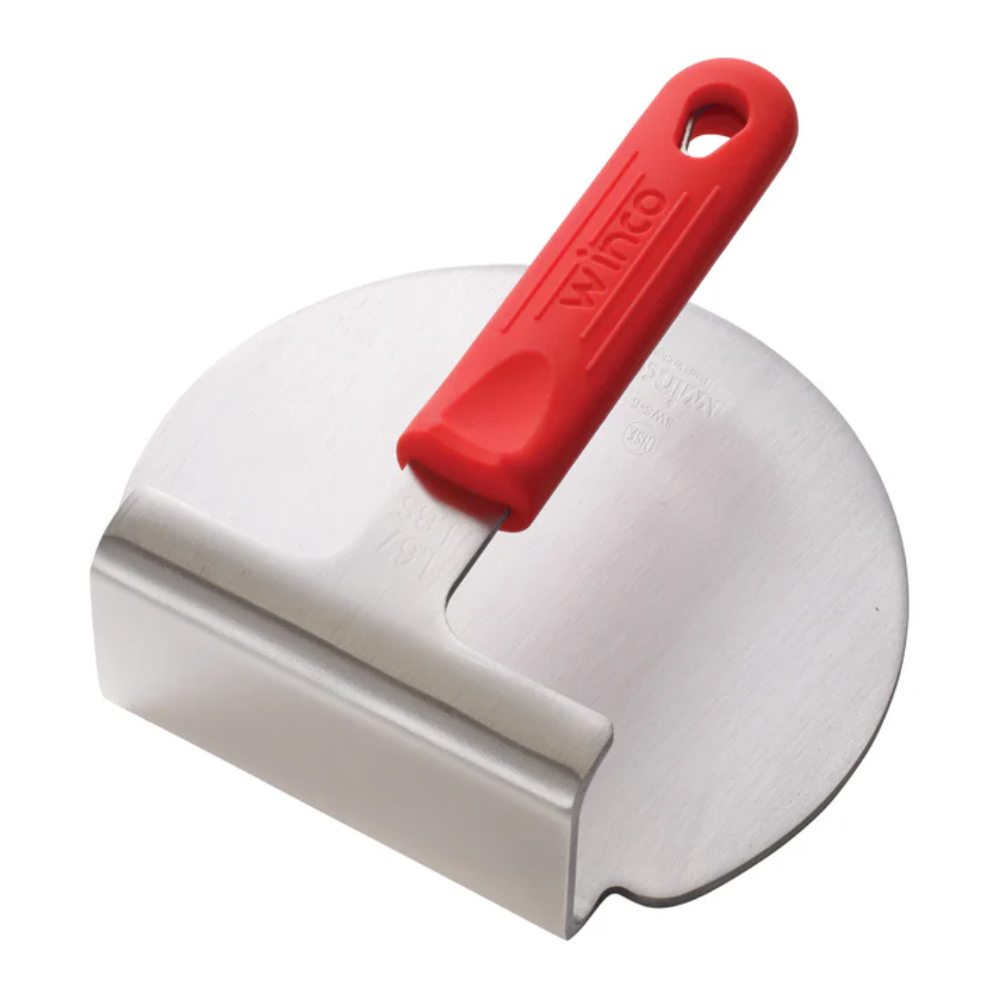 Winco Stainless Steel Smashed Burger Press with Red Silicone Sleeve image 2