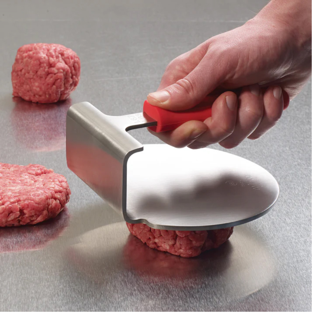 Winco Stainless Steel Smashed Burger Press with Red Silicone Sleeve image 3