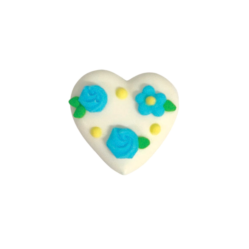 O'Creme White Heart with Blue Flowers Royal Icing Decoration, Set of 12