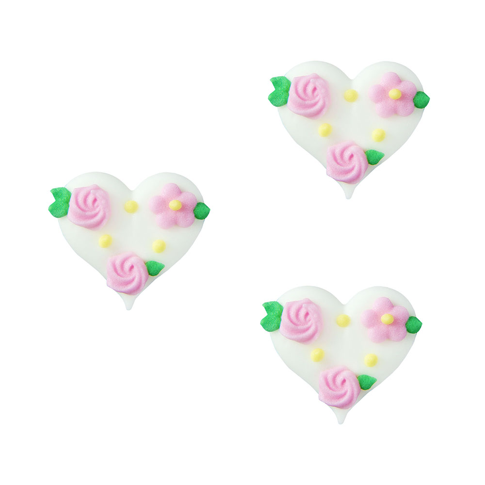 O'Creme White Heart with Pink Flowers Royal Icing Decoration, Set of 12