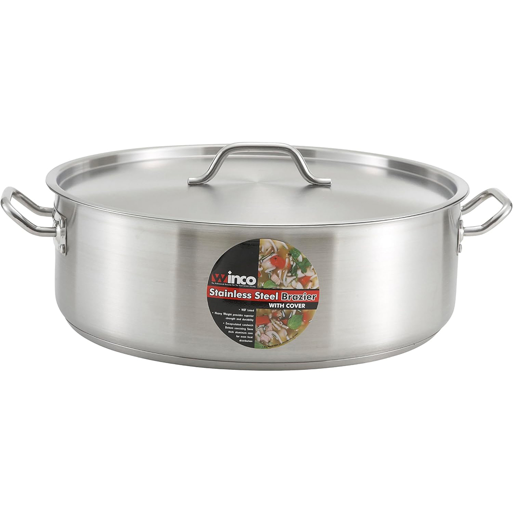 Winco 15 Quart Brazier with Cover, Stainless Steel