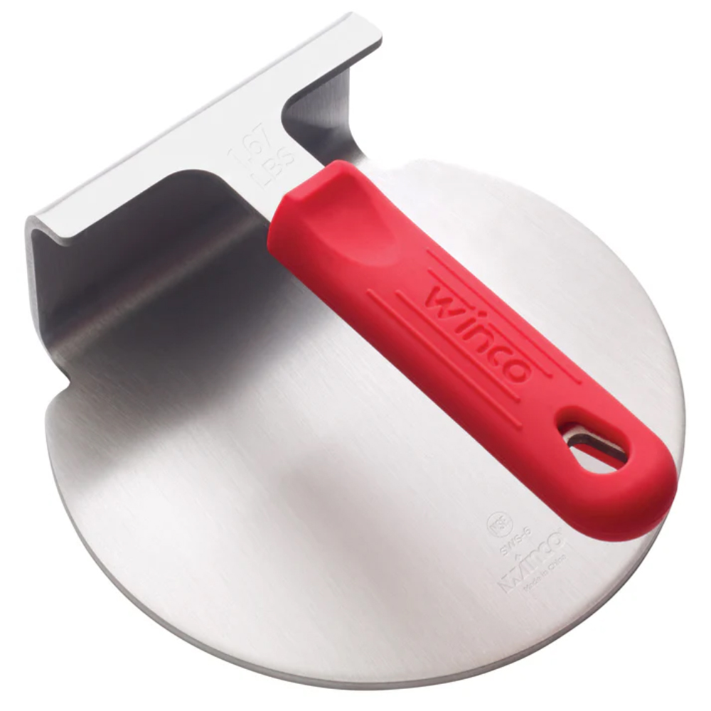 Winco Stainless Steel Smashed Burger Press with Red Silicone Sleeve